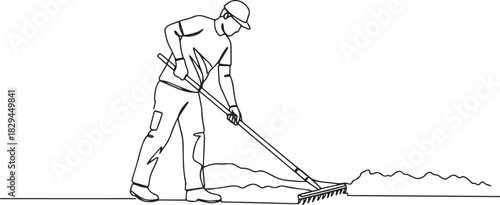 Continuous line illustration of a man raking, landscaping, minim