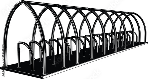 Isometric Vector Silhouette of a Covered Outdoor Bicycle Rack, Bike Shelter, or Cycle Parking Station, Promoting Urban Sustainable Transportation