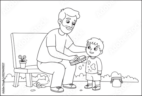 Delightful illustration of a dad brushing his son's clothes with