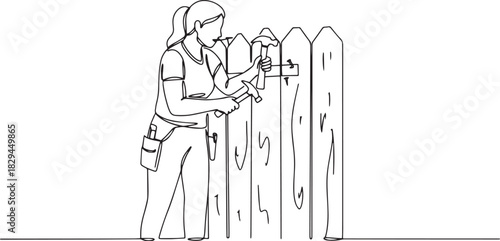 Continuous line drawing illustration depicting a woman repairing