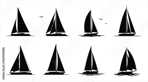 silhouette of collection of eight black sailboat silhouettes