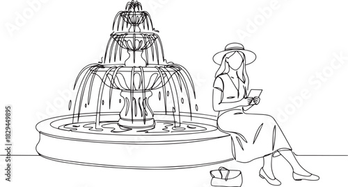 Elegant minimalist line art depicting a woman relaxing by a tier