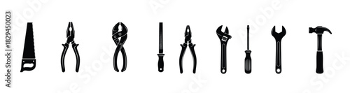 silhouette of collection of essential hand tools isolated