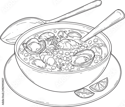 Elegant monochrome outline of seafood chowder bowl with spoons a