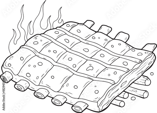 Hand Drawn BBQ Ribs Illustration with Grilling Flames and Juicy