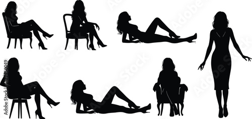 Set of seductive female silhouettes in various sitting and reclining poses, fashion, beauty, pin-up, black and white vector collection.