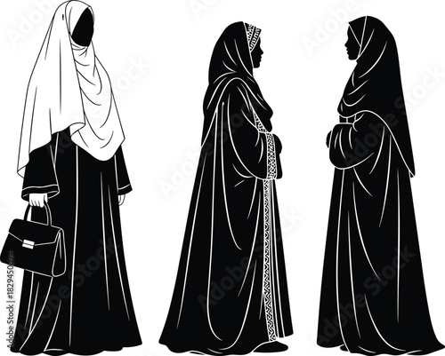 Set of three Muslim women silhouettes wearing hijab and abaya, Islamic fashion, modesty, diversity, black and white vector.