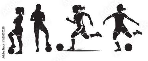 Silhouettes of female soccer players in dynamic action