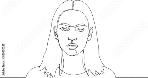 Minimalist one line drawing of a serene woman with flowing hair