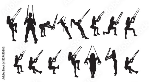 silhouettes of men and women doing trx exercises with ropes 