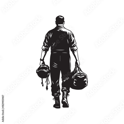 Military Fighter Jet Pilot Silhouette Walking Carrying Helmet and Flight Bag Vector
