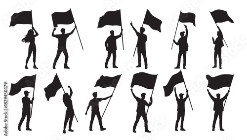 silhouettes of people holding flags in various poses.