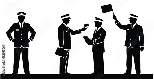 silhouettes of train conductors in various actions isolated 