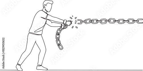 Conceptual artwork depicting a man breaking free from chains of