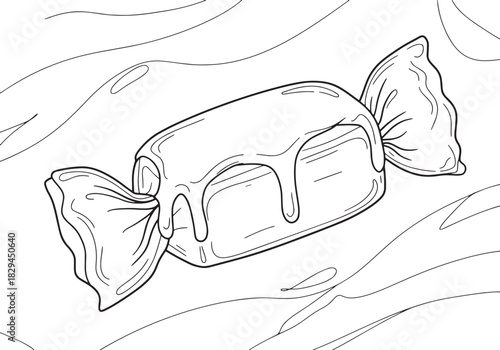 Delightful outline illustration of a candy with flowing caramel