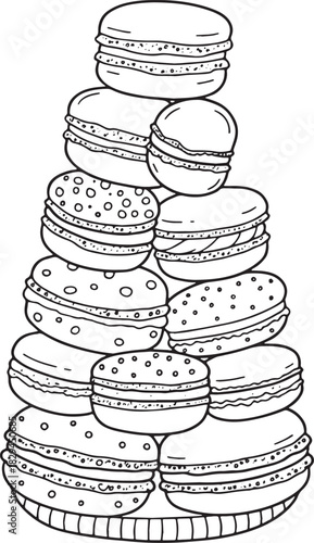 A delectable macaron tower, handcrafted dessert, monochrome illu