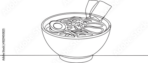 Elegant outline art displaying a minimalist ramen bowl with visi