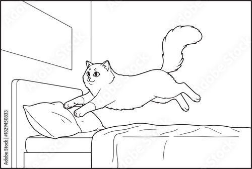 Cute cat jumping playfully onto a soft bed pillow in a bedroom s