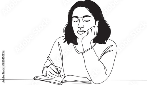 Line art illustration depicting a reflective young woman writing