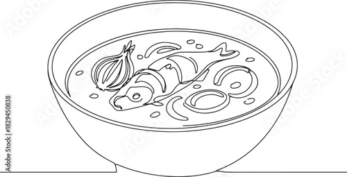 Elegant line art illustration of traditional hungarian fish soup