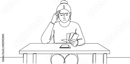 Continuous line drawing illustration of a woman managing bills w