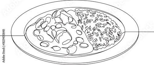Single line art of senegalese maafe dish featuring meat, beans a