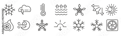 Snowflate line icon set. Clouds, illustration, snowflake, icons, holiday, overcast, sunny, rainy, snowy, windy, christmas pattern line icon set. Ui thin line icon pack.