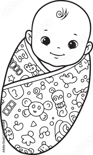 Adorable baby swaddled in a patterned blanket line art for color
