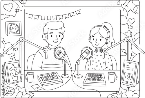 Charming podcasting duo illustration, broadcasting happiness and