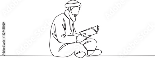 Minimalist line drawing depicting an arab man reading a book in