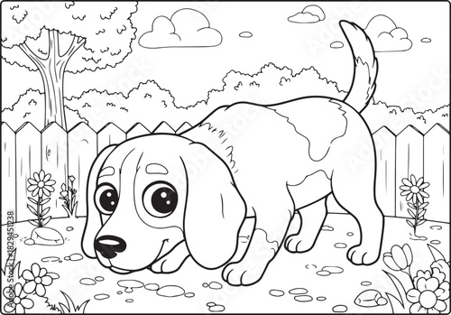 Adorable Cartoon Puppy in a Backyard Garden Coloring Page Outlin