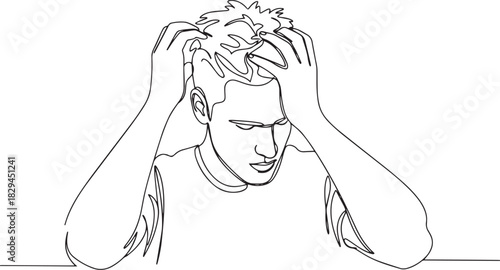 Distressed man single continuous line art, expressing anxiety an