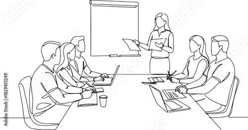 Continuous line drawing of business meeting with presenter and p