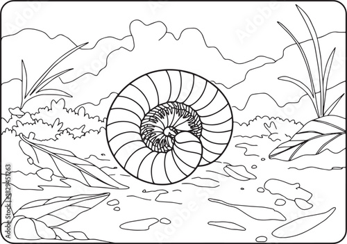 Detailed black and white illustration of a coil shell in its nat