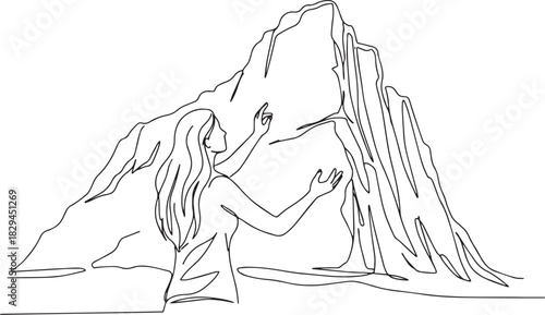 Minimalist continuous line drawing of woman interacting with a m