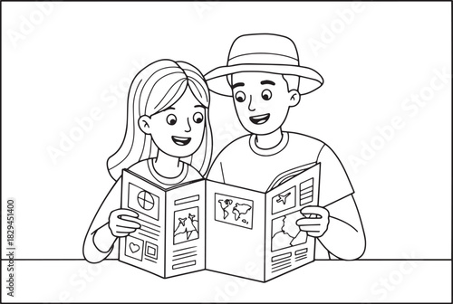 Whimsical Couple Planning Adventure: A Line Art Illustration for