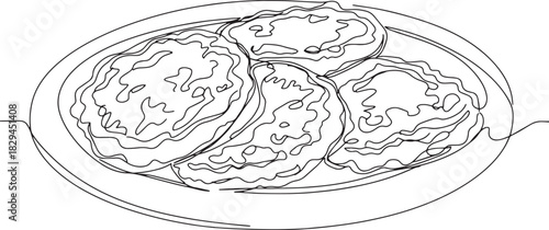 Minimalist line art illustration of potato pancakes on a plate,