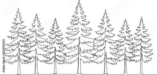 Elegant Pine Tree Forest Illustration in a Single Line Art Style