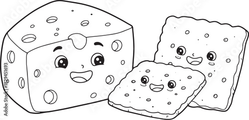 Whimsical black and white illustration of smiling cheese and cra