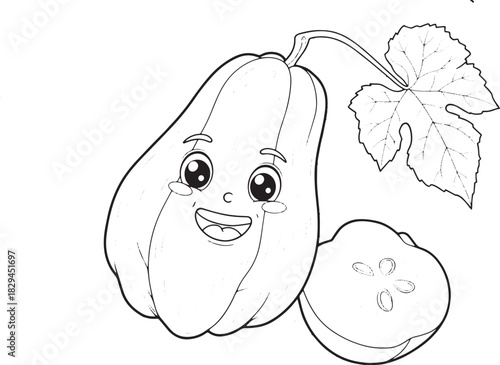 Playful chayote vegetable illustration on intricate doodle backg