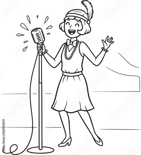 Illustration of a cheerful female jazz singer in a vintage style