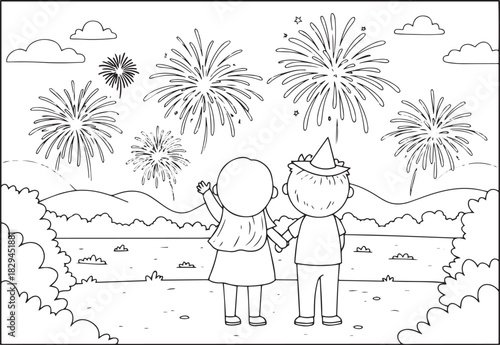 Line art of couple watching fireworks display over landscape col