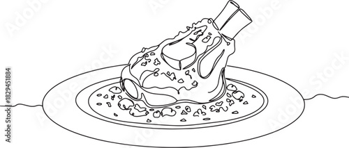Elegant outline illustration of osso buco served on a plate with