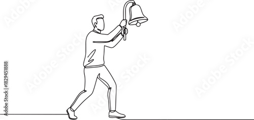 Minimalist outline drawing of a man ringing a bell, communicatio