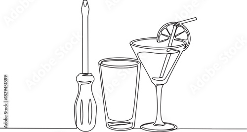 Screwdriver with Glasses Continuous Line Drawing, Abstract Barte