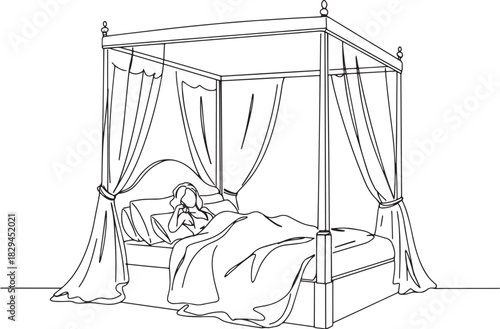 Elegant repose: A woman resting peacefully within a four-poster