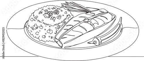 Minimalist continuous line drawing of Barbadian Cou-Cou dish pre