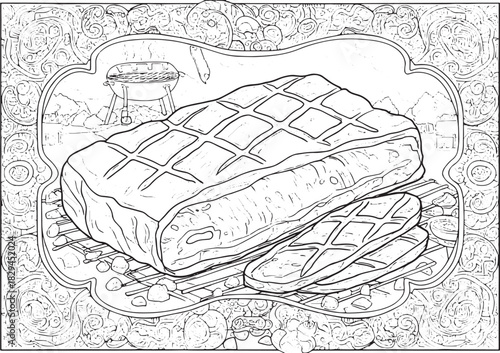 Hand-drawn BBQ brisket illustration with grill, nature backgroun