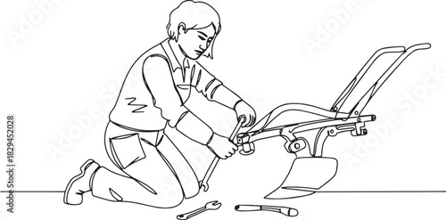 Agricultural machinery repair detailed line drawing of woman wor