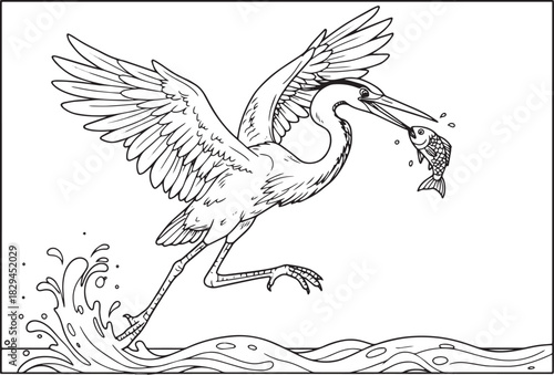 Elegant heron clutching a fish, capturing nature's hunting spect
